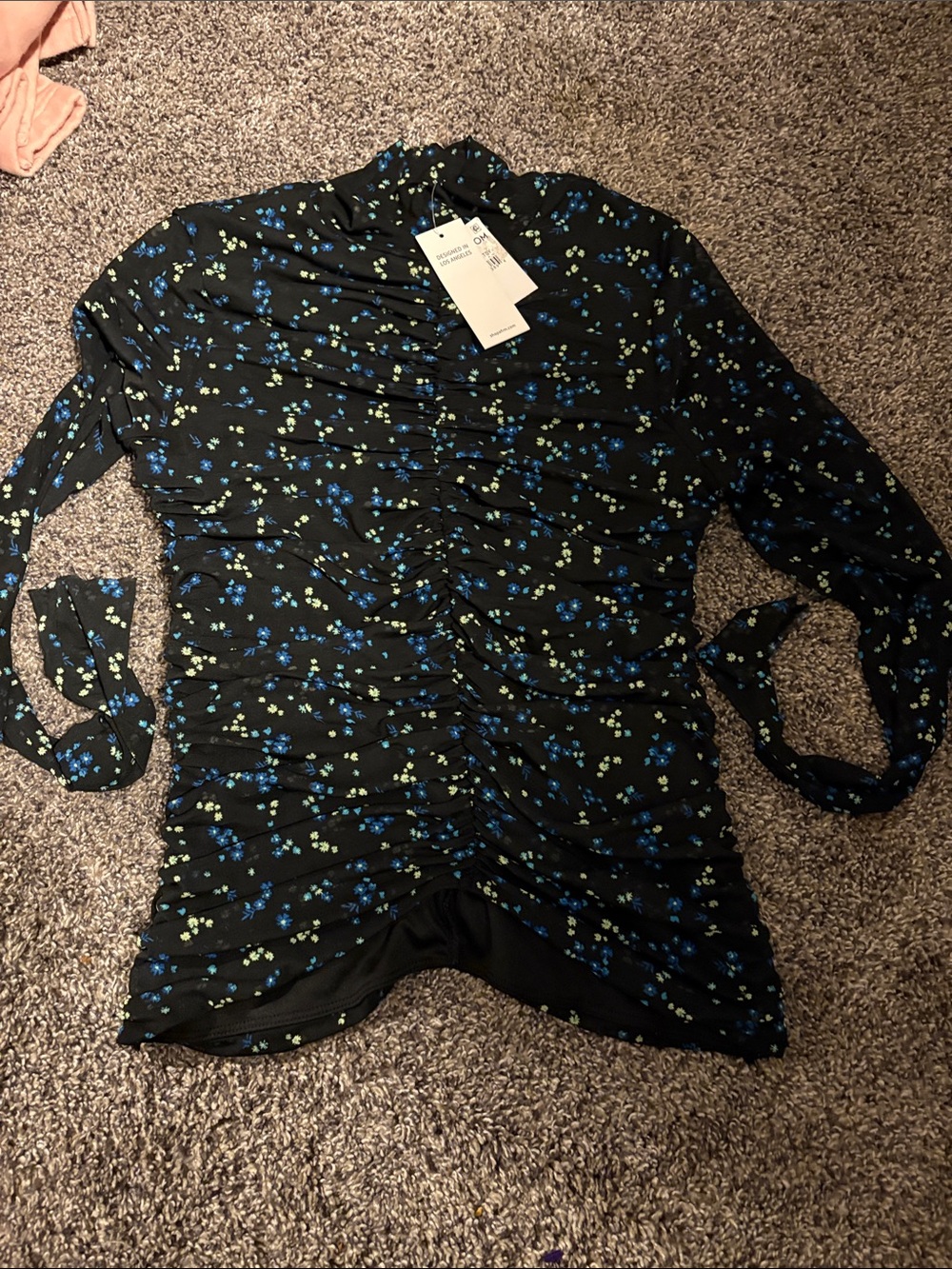 AFRM Black Floral Ruched Long Sleeve Top - Blue & Lime Ditsy Print